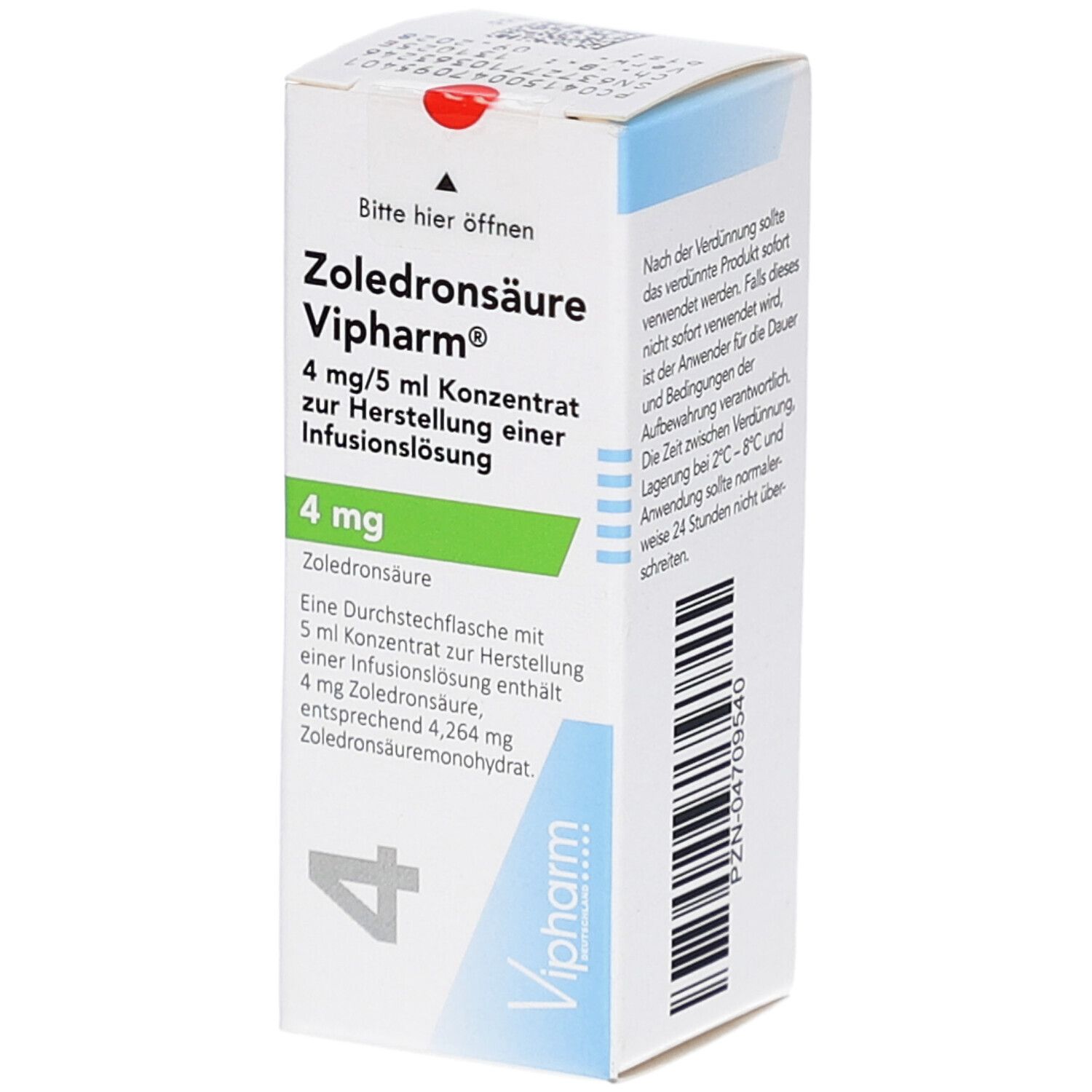 Karton Zoledronsäure Vipharm, 4 mg/5 ml Konzentrat zur Herstellung einer Infusionslösung. Grüne und blaue Akzente.