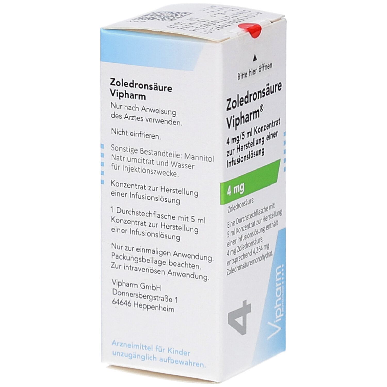 Karton Zoledronsäure Vipharm, 4 mg/5 ml Konzentrat. Text auf Deutsch. Blaue und grüne Akzente.