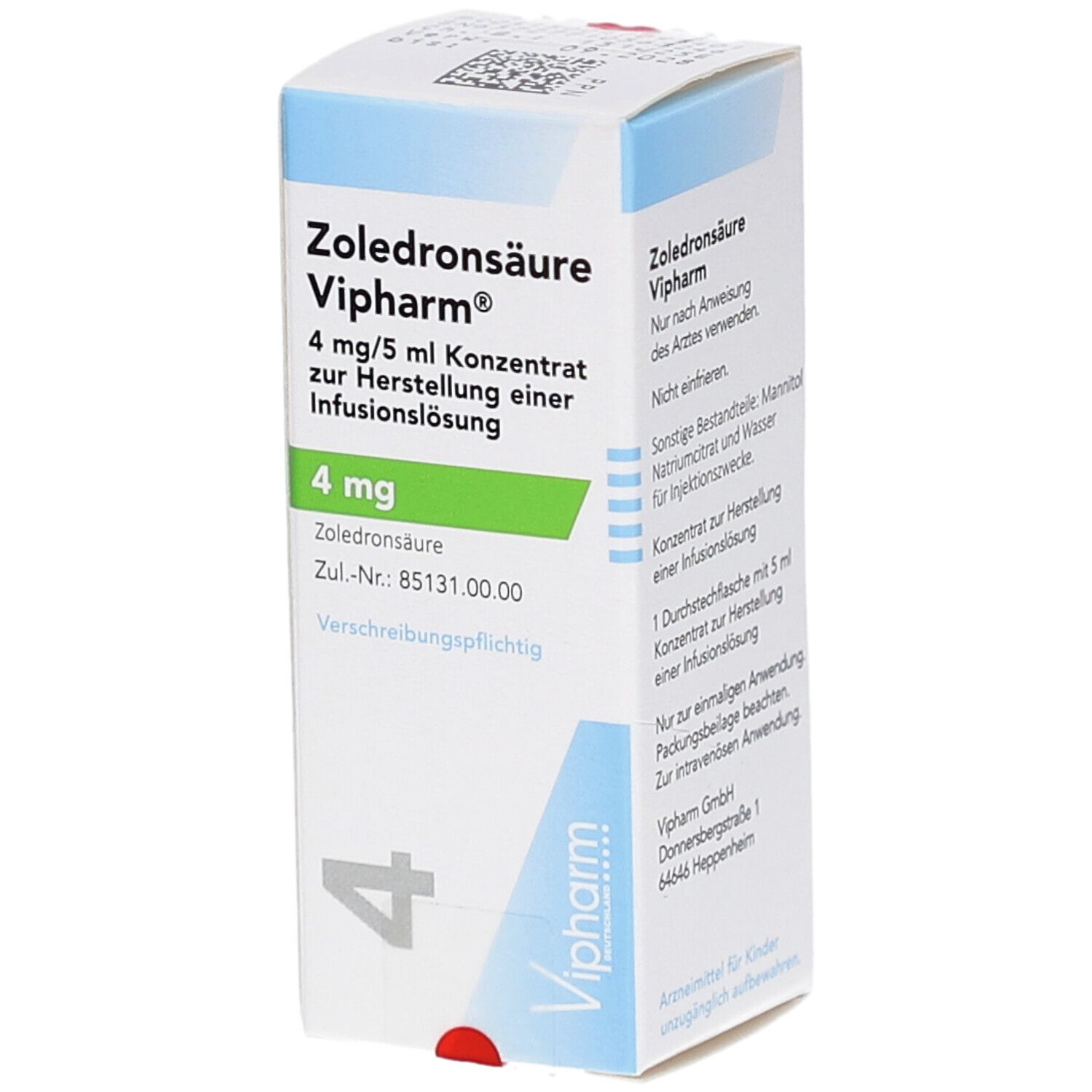 Karton Zoledronsäure Vipharm, 4 mg/5 ml Konzentrat. Text auf Deutsch. Grüne und blaue Akzente.