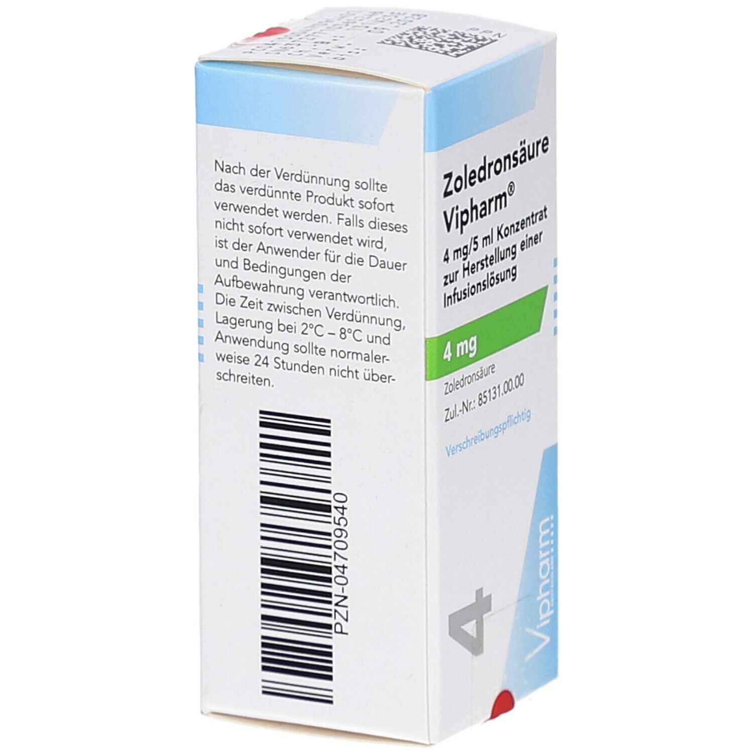 Karton Zoledronsäure Vipharm, 4 mg/5 ml Konzentrat. Text auf Deutsch. Rückseite mit Text.