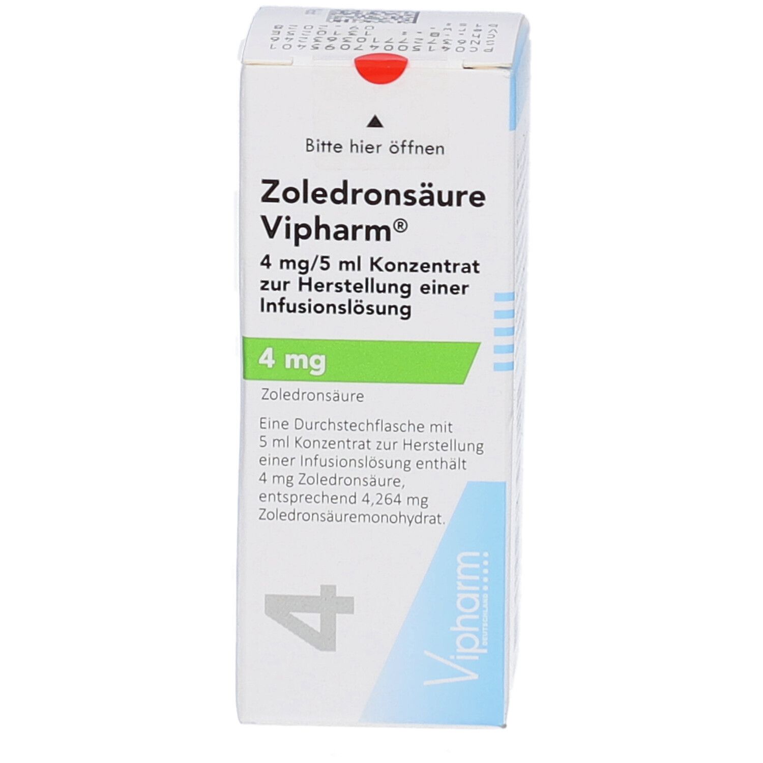 Karton Zoledronsäure Vipharm, 4 mg/5 ml Konzentrat zur Herstellung einer Infusionslösung. Grüne und blaue Akzente.