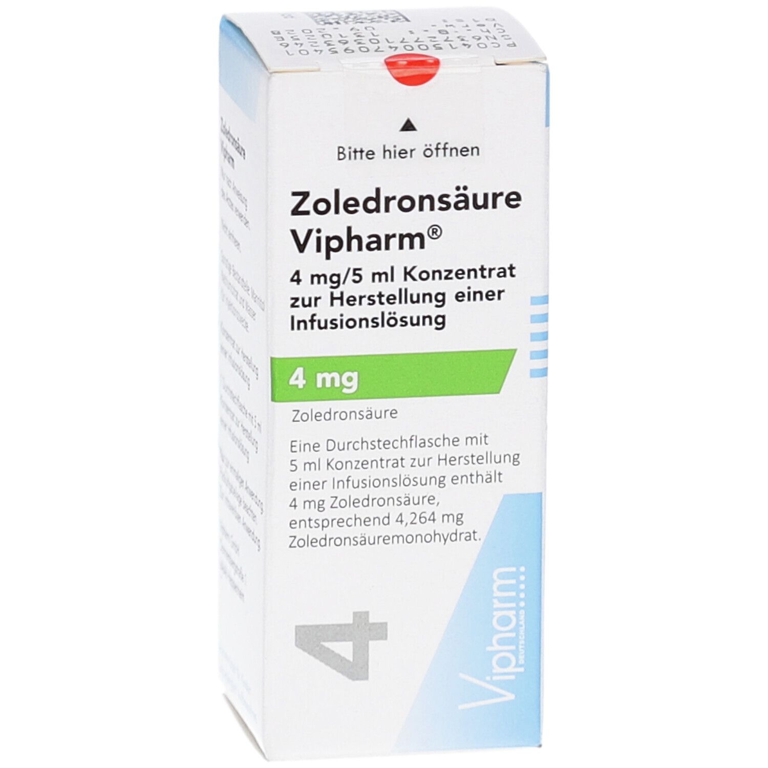 Karton Zoledronsäure Vipharm, 4 mg/5 ml Konzentrat zur Herstellung einer Infusionslösung. Grüne und blaue Akzente.