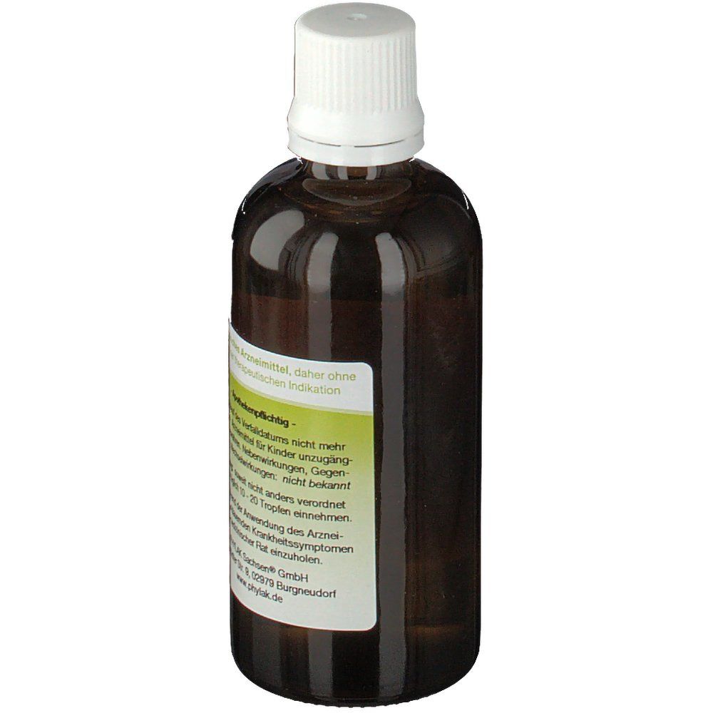 Braune Glasflasche mit weißem Verschluss. Etikett mit Herstellerangaben. Text über Vorsichtsmaßnahmen und Hinweise.