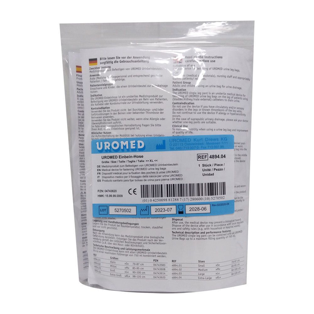 Rückseite der UROMED Einbeinhose-Verpackung. Produktinformationen, CE-Kennzeichnung, Chargennummer und Größenangaben.