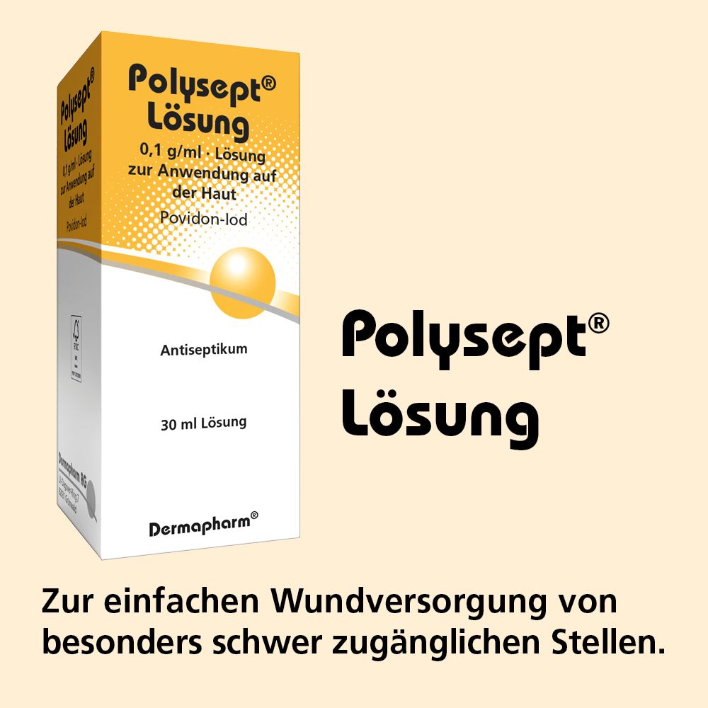 Produktverpackung mit Polysept® Lösung, 0,1 g/ml, Povidon-Iod. Aufschrift: Antiseptikum, 30 ml Lösung. Text: Zur einfachen Wundversorgung.