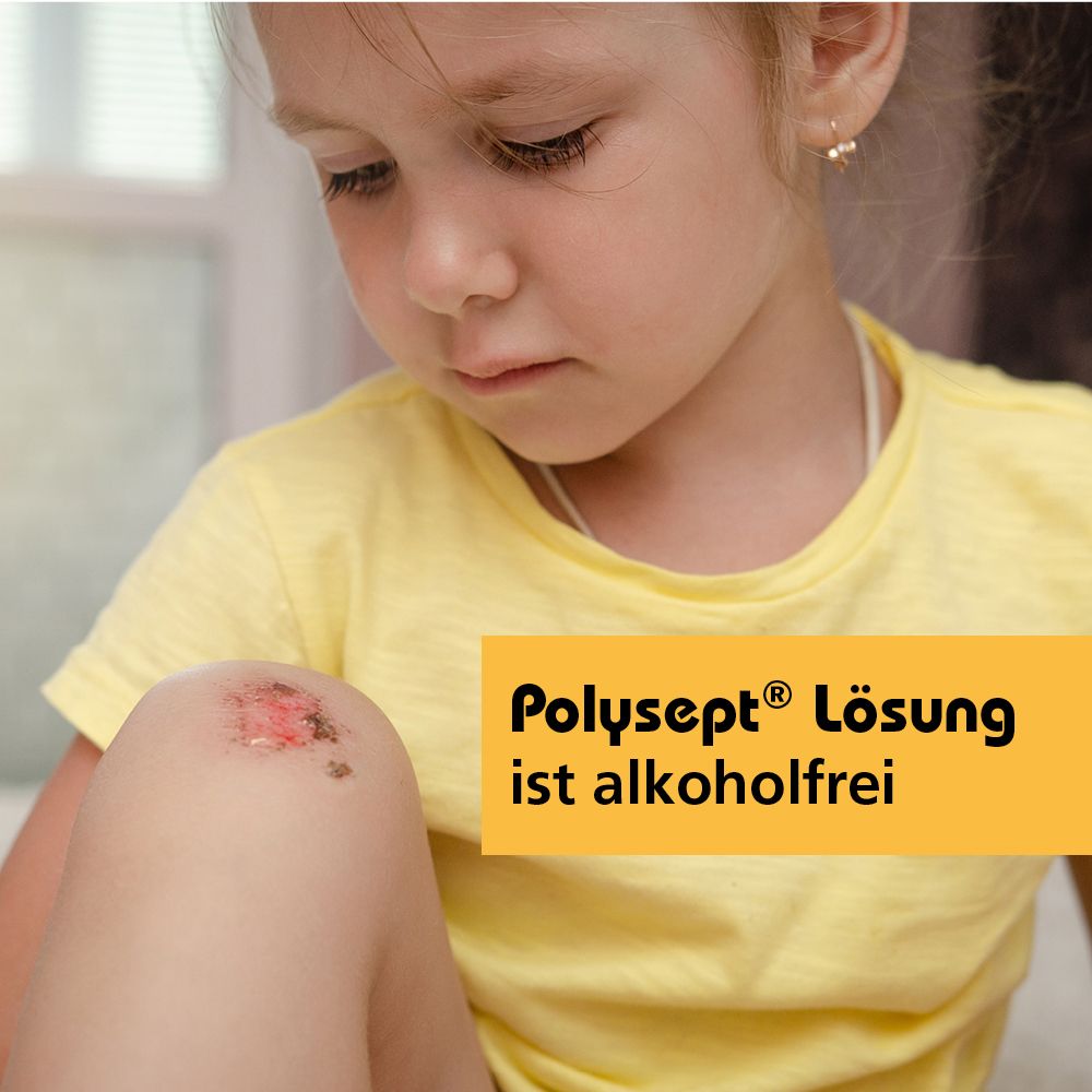Kind mit Knieverletzung. Auf gelbem Hintergrund Text: Polysept® Lösung ist alkoholfrei.
