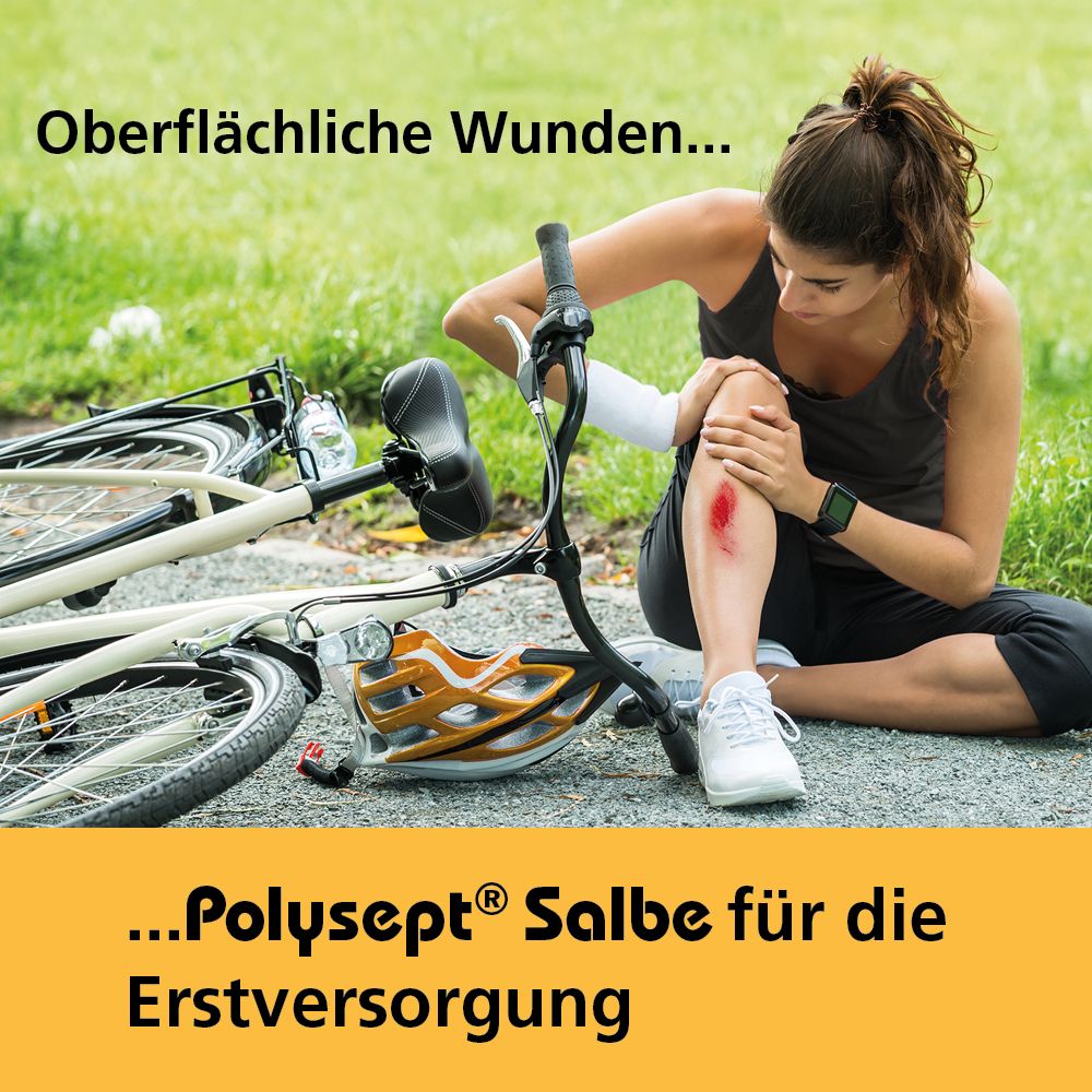 Frau mit Fahrrad und Beinwunde. Polysept Salbe-Logo auf gelbem Hintergrund. Erste Hilfe.