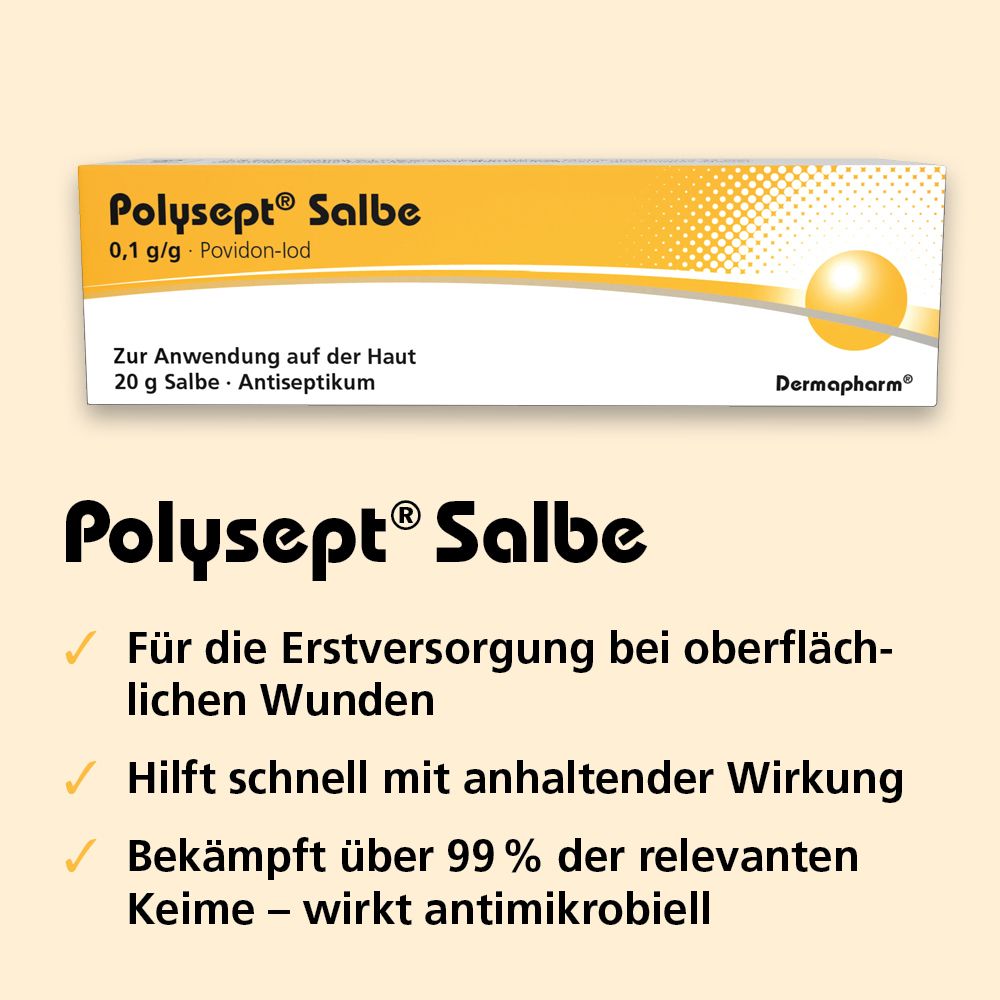 Polysept Salbe-Packung. Gelber Hintergrund mit Produktinformationen. Hilft bei Wunden, wirkt antimikrobiell.