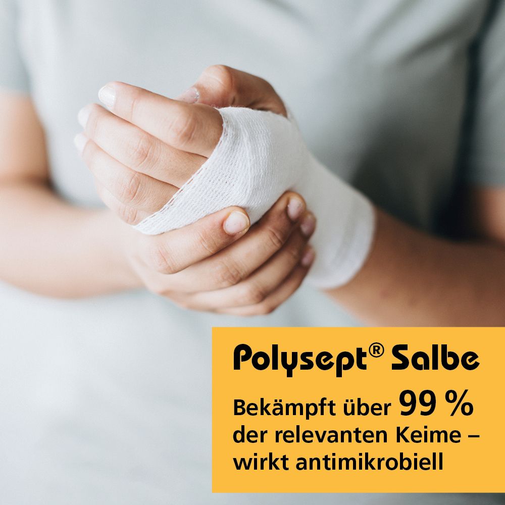 Verband an Hand. Polysept Salbe-Logo auf gelbem Hintergrund. Wirkt gegen Keime.