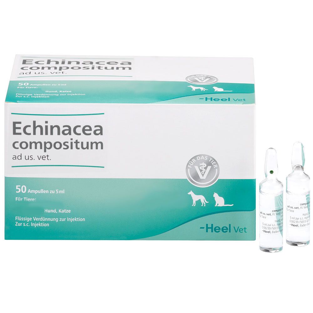 Schachtel mit Ampullen. Aufschrift: Echinacea compositum ad us. vet. Für Tiere. Zwei Ampullen liegen daneben.