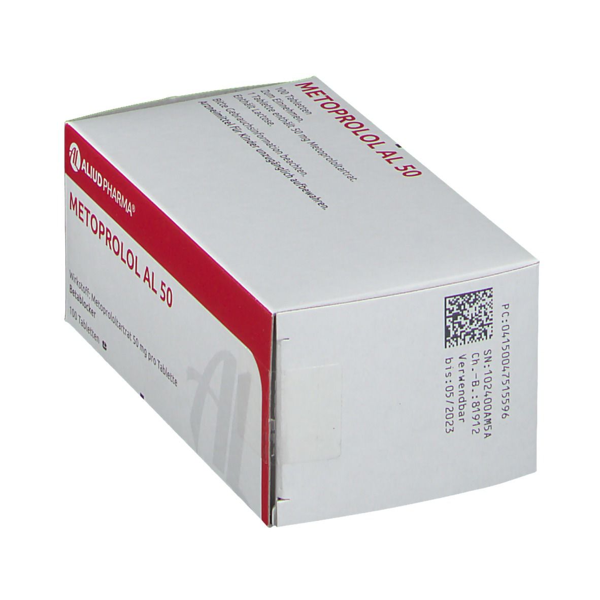 Schachtel METOPROLOL AL 50. Weiße Verpackung mit rotem Streifen. Text: AL, Aliud Pharma, 100 Tabletten. Barcode und Chargennummer.