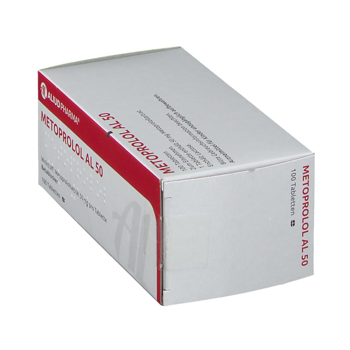 Schachtel METOPROLOL AL 50. Weiße Verpackung mit rotem Streifen. Text: AL, Aliud Pharma, 100 Tabletten.