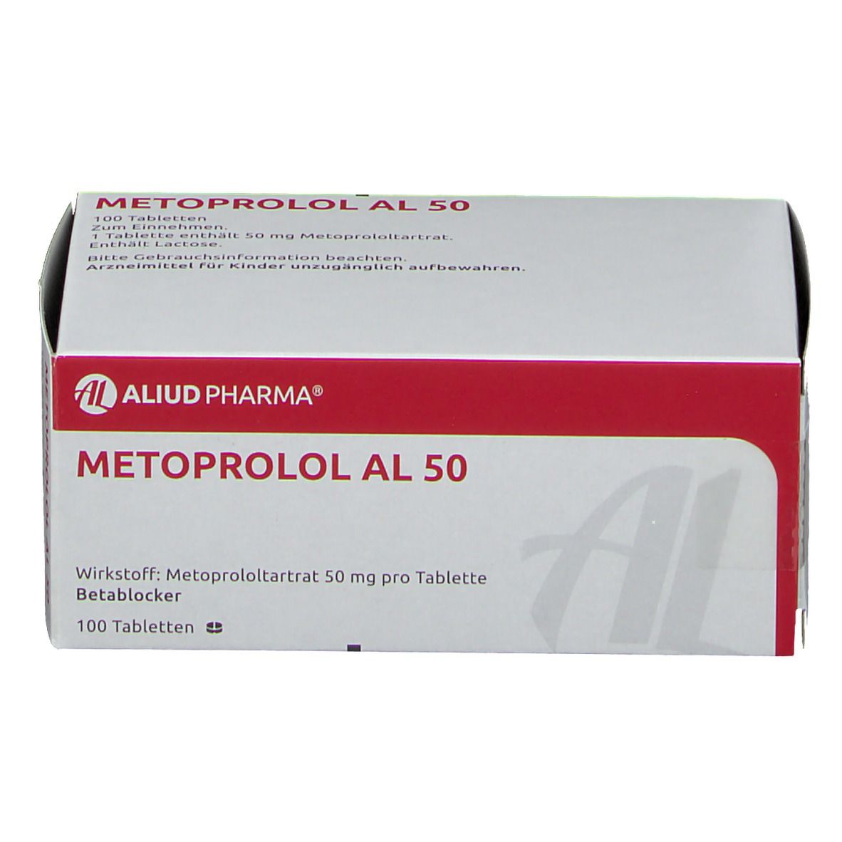 Schachtel METOPROLOL AL 50. Rote und weiße Verpackung. Text: AL, Aliud Pharma, 100 Tabletten, 50 mg Metoprololtartrat.