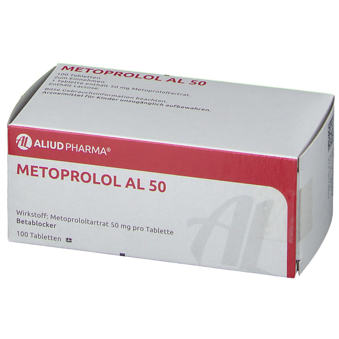 Schachtel METOPROLOL AL 50. Rote und weiße Verpackung. Text: AL, Aliud Pharma, 100 Tabletten, 50 mg Metoprololtartrat.