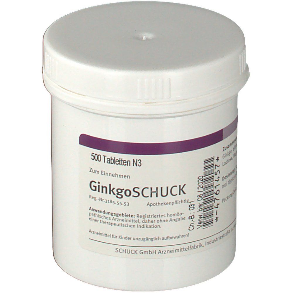 Weiße Tabletten-Dose mit lila Etikett. Aufschrift: 500 Tabletten N3, GinkgoSCHUCK. Apothekenpflichtig.