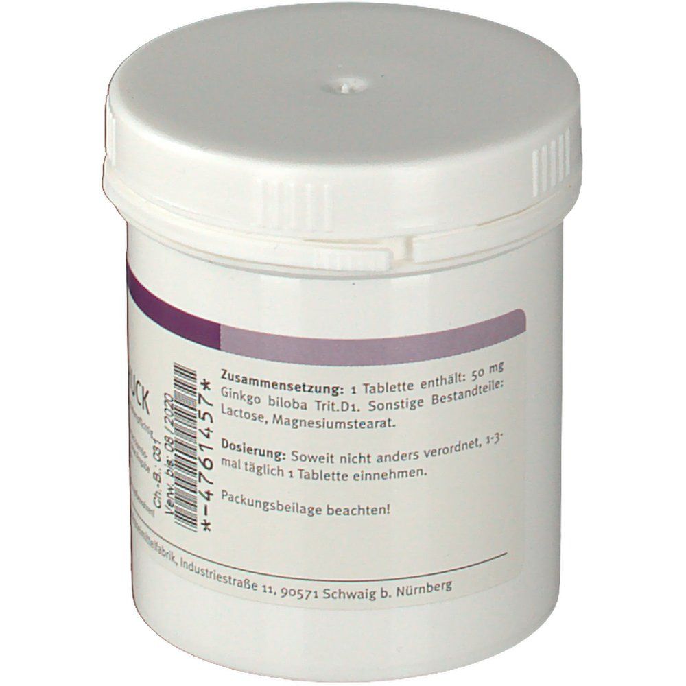 Rückseite der Tabletten-Dose. Lila Etikett mit Text: Zusammensetzung, Dosierung. Herstelleradresse.