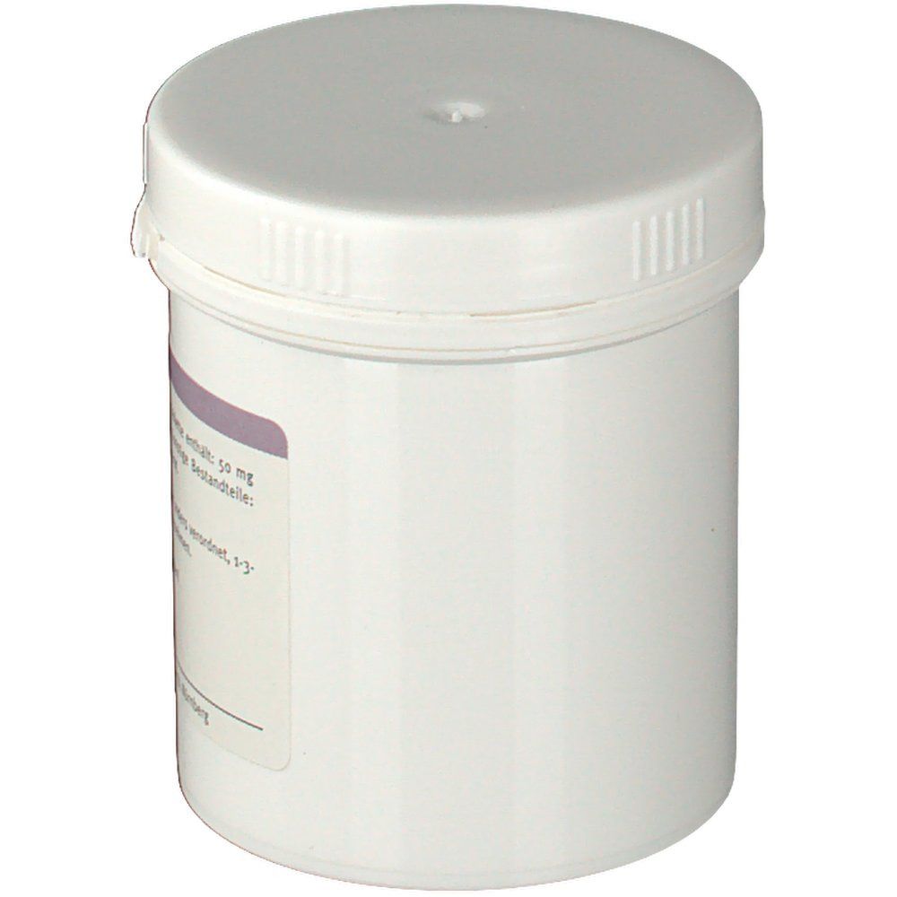 Weiße Tabletten-Dose mit lila Etikett. Herstelleradresse teilweise sichtbar.