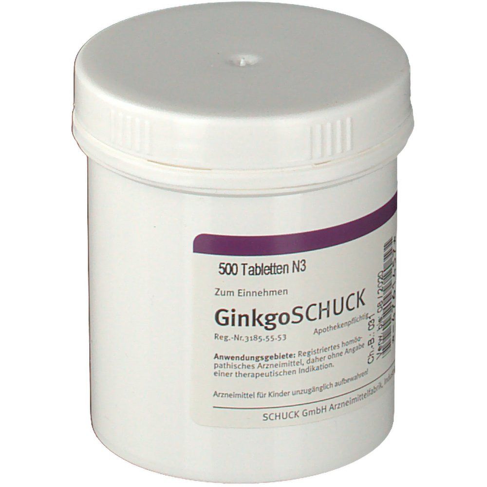 Weiße Tabletten-Dose mit lila Etikett. Aufschrift: 500 Tabletten N3, GinkgoSCHUCK. Apothekenpflichtig.