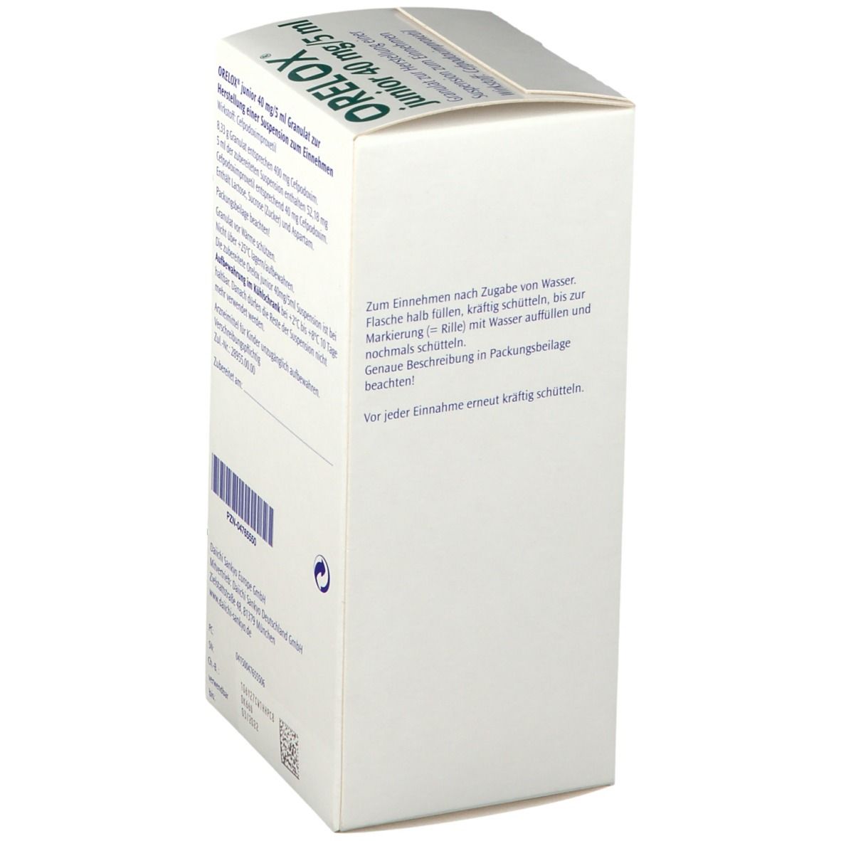 Weiße Faltschachtel mit Aufschrift ORELOX junior 40 mg/5 ml. Enthält Granulat zur Herstellung einer Suspension. Hersteller: Daiichi-Sankyo. Text auf der Seite.