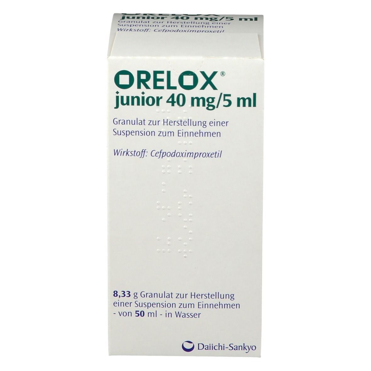 Weiße Faltschachtel mit Aufschrift ORELOX junior 40 mg/5 ml. Enthält Granulat zur Herstellung einer Suspension. Hersteller: Daiichi-Sankyo.