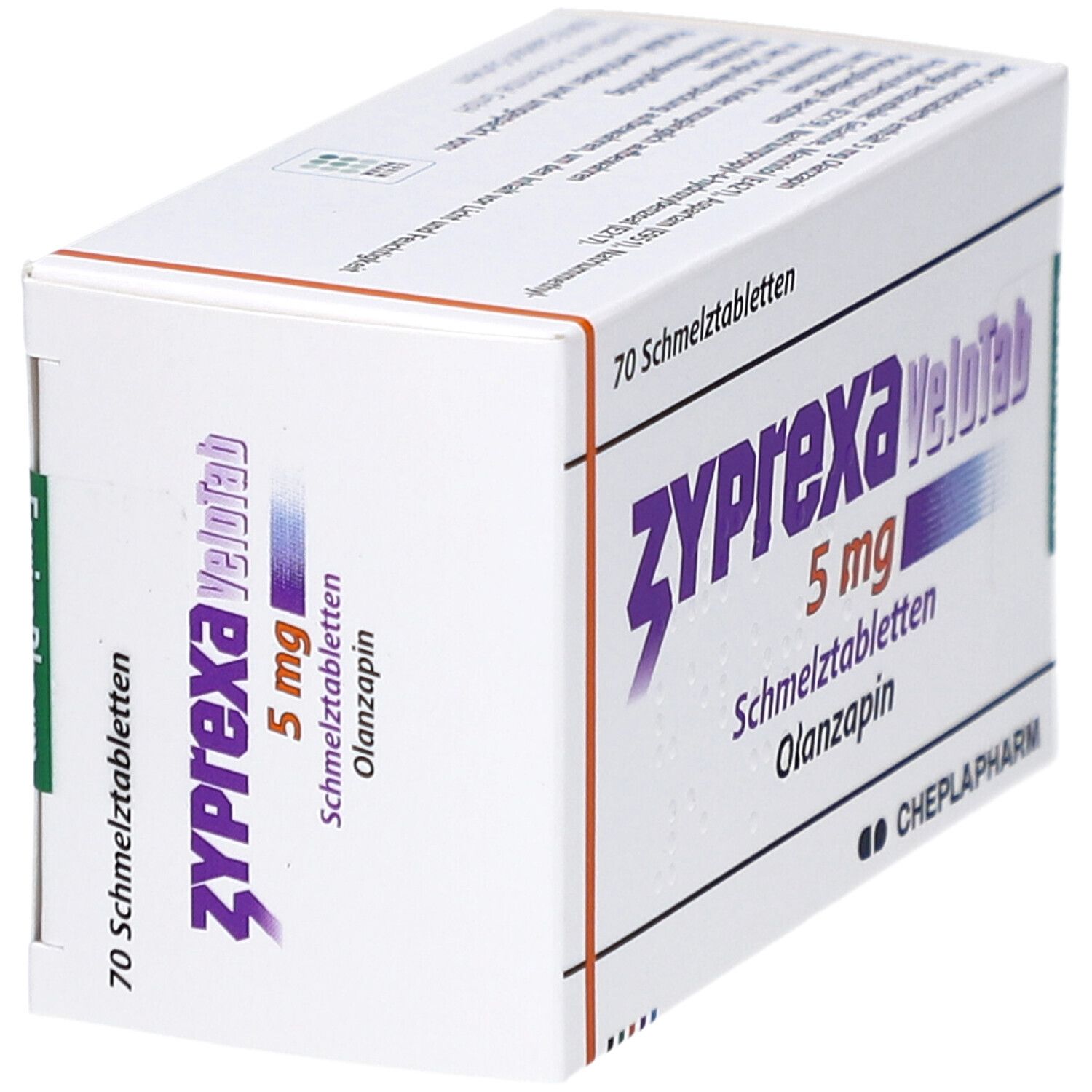 Weiße Schachtel "Zyprexa Velotab 5 mg". Enthält 70 Schmelztabletten. CHEPLAPHARM-Logo. Schachtel schräg.
