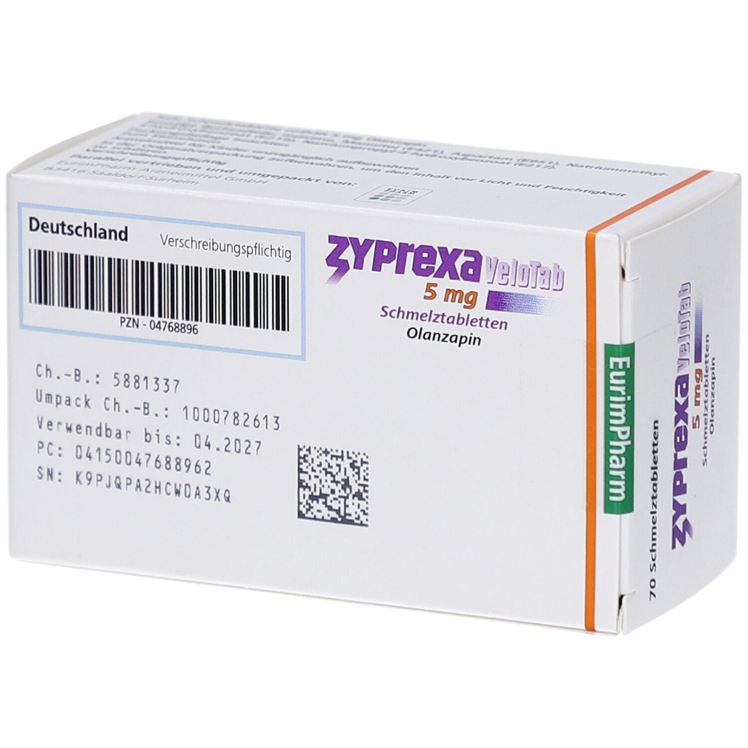 Schachtel "Zyprexa Velotab 5 mg". Rückseite mit Informationen: Deutschland, PZN, Chargennummer, Verfallsdatum.