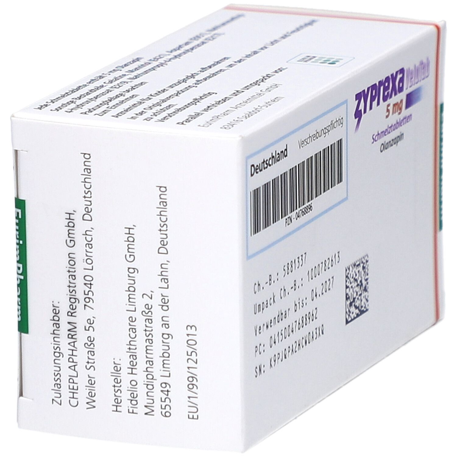 Schachtel "Zyprexa Velotab 5 mg". Seitenansicht mit Informationen: Deutschland, Hersteller, Chargennummer.