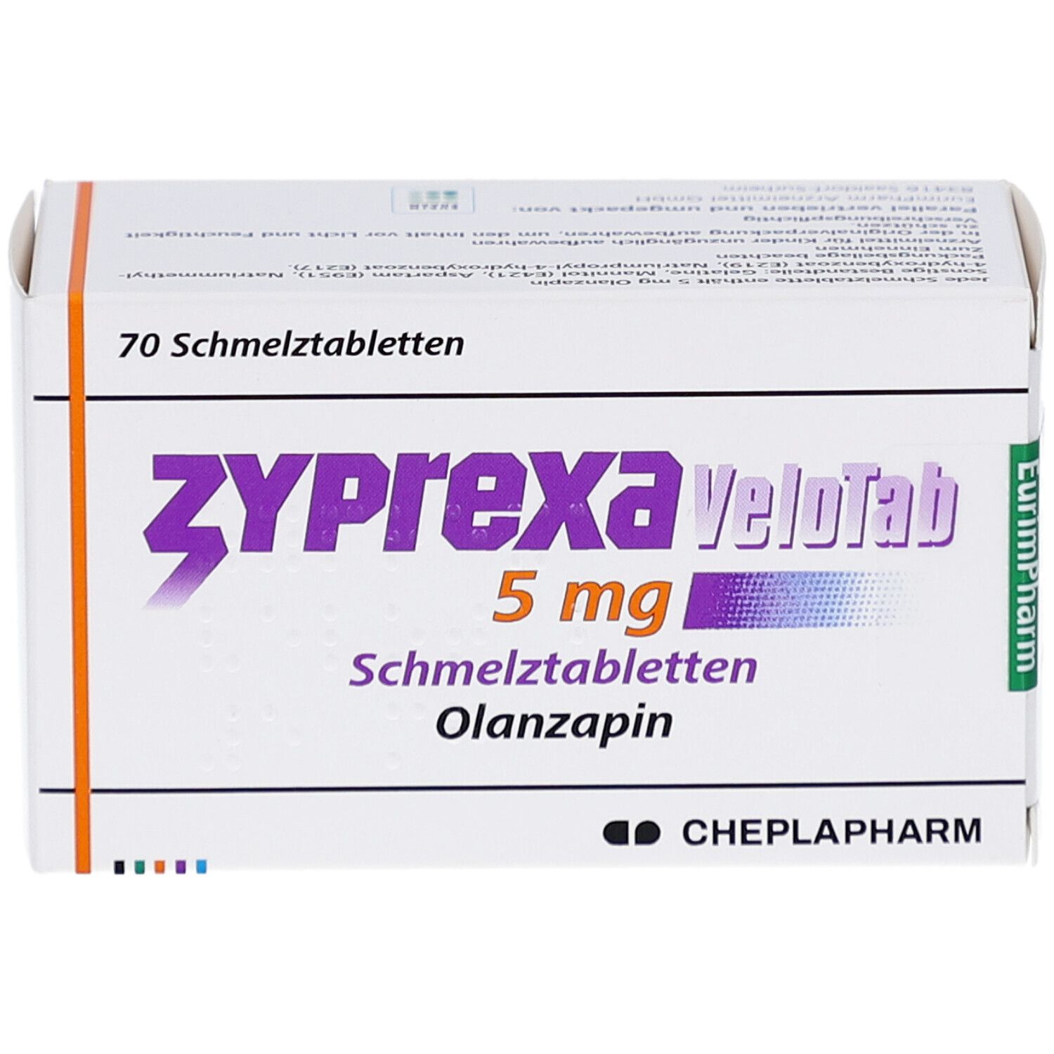Weiße Schachtel "Zyprexa Velotab 5 mg". Enthält 70 Schmelztabletten. CHEPLAPHARM-Logo. Orangefarbene Streifen.