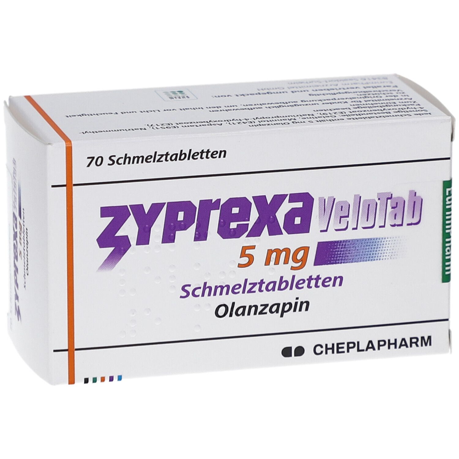 Weiße Schachtel "Zyprexa Velotab 5 mg". Enthält 70 Schmelztabletten. CHEPLAPHARM-Logo.