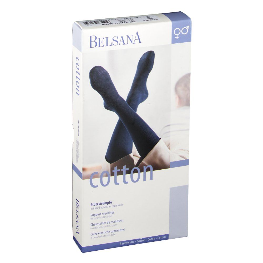 BELSANA Cotton Stützkniestrumpf in anthrazit. Verpackung zeigt gekreuzte Strümpfe. Text: cotton, Stützkniestrümpfe.
