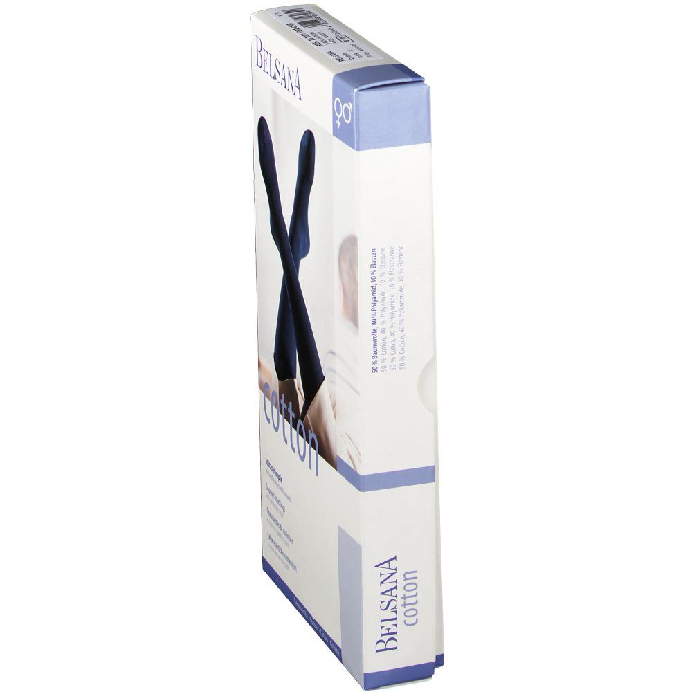 BELSANA Cotton Stützkniestrumpf in anthrazit. Verpackung, Seitenansicht. Text: cotton, Stützkniestrümpfe.