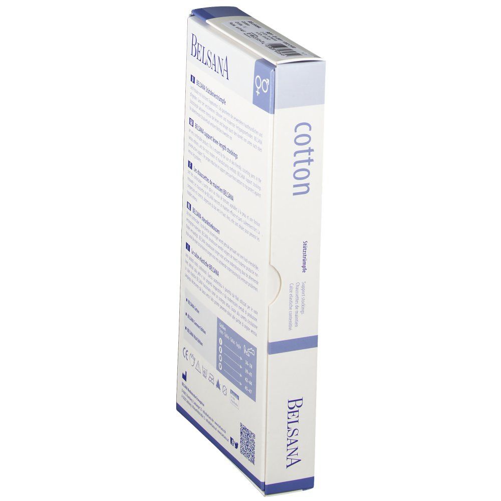 BELSANA Cotton Stützkniestrumpf Verpackung, Seitenansicht. Text: cotton, Größenangaben, Waschsymbole.