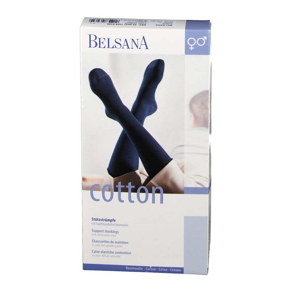 BELSANA Cotton Stützkniestrumpf in anthrazit. Verpackung zeigt gekreuzte Strümpfe. Text: cotton, Stützkniestrümpfe.