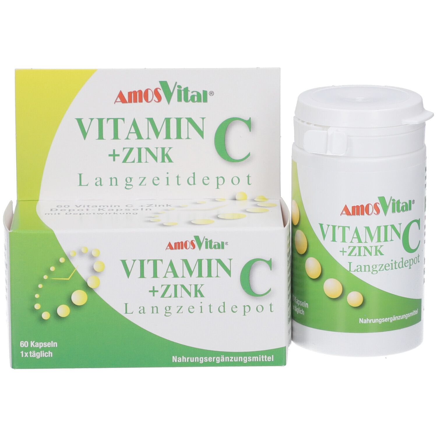 AmosVital Vitamin C+Zink Kapseln, Dose und Schachtel. Schachtel mit Text und gelben Kapseln.