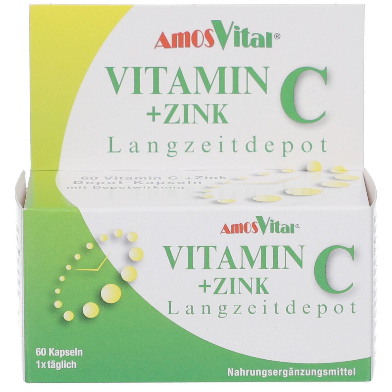 Schachtel AmosVital Vitamin C+Zink Kapseln. Text und gelbe Kapsel-Illustrationen. 60 Kapseln.