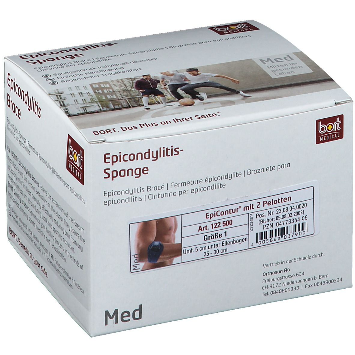 Verpackung der EpiContur Spange mit 2 Pelotten. Größe 1, blau. BORT Medical Logo. Produktabbildung am Ellbogen.