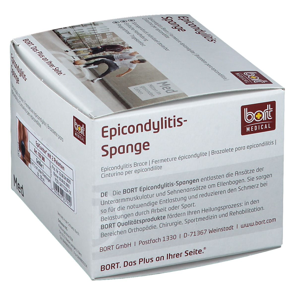 Verpackung der EpiContur Spange. Text: EpiContur Spange, BORT Medical. Produktabbildung. Größe 1, blau.