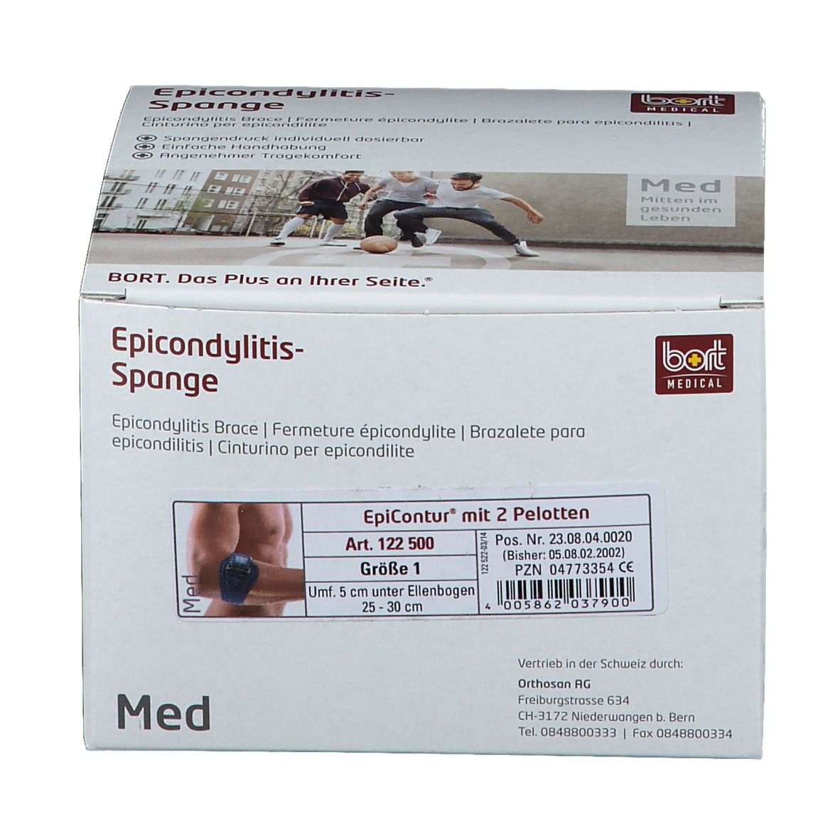 Verpackung der EpiContur Spange mit 2 Pelotten. Größe 1, blau. BORT Medical Logo. Produktabbildung am Ellbogen.