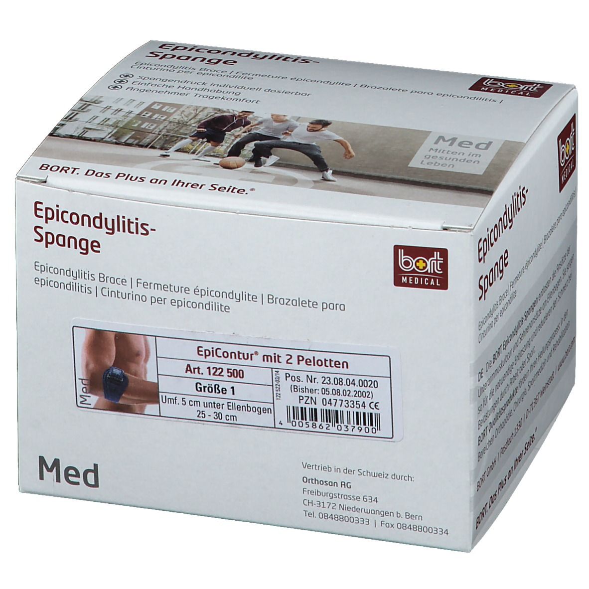 Verpackung der EpiContur Spange mit 2 Pelotten. Größe 1, blau. BORT Medical Logo. Produktabbildung am Ellbogen.