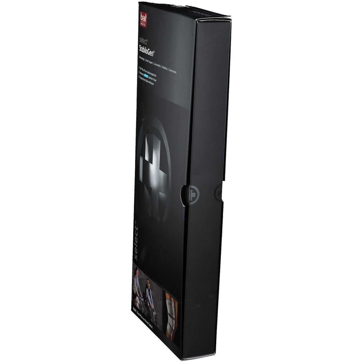 Schwarze Produktverpackung, seitliche Ansicht. Aufdruck: BORT select StabiloGen®. Logo und Produktbezeichnung.