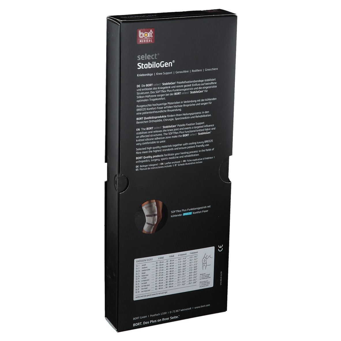 Schwarze Produktverpackung, Rückseite. Aufdruck: BORT select StabiloGen®. Produktabbildung und Text.