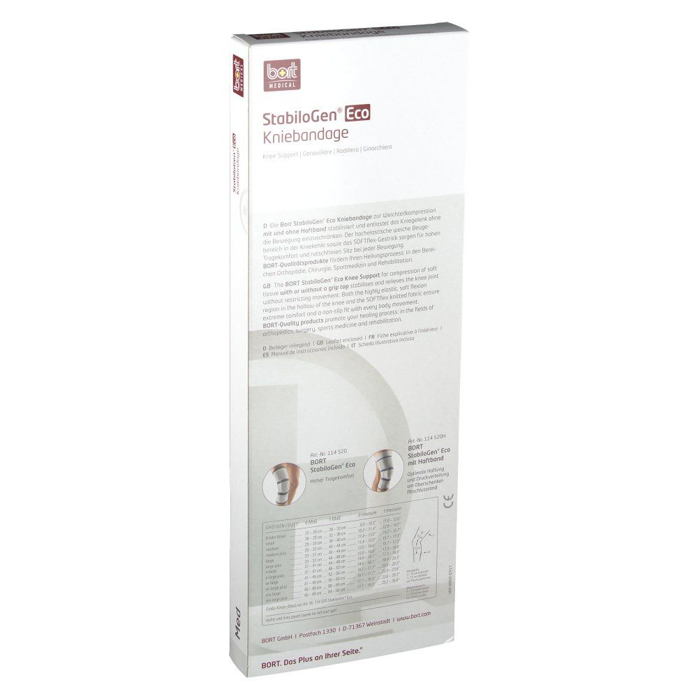 Rückseite der Verpackung der Kniebandage StabiloGen Eco. Text und Illustrationen. bort medical Logo.