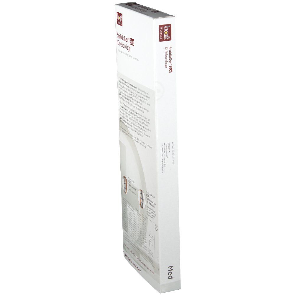 Seitenansicht der Verpackung der Kniebandage StabiloGen Eco. Text: bort medical, StabiloGen Eco Kniebandage. Größe: Med.