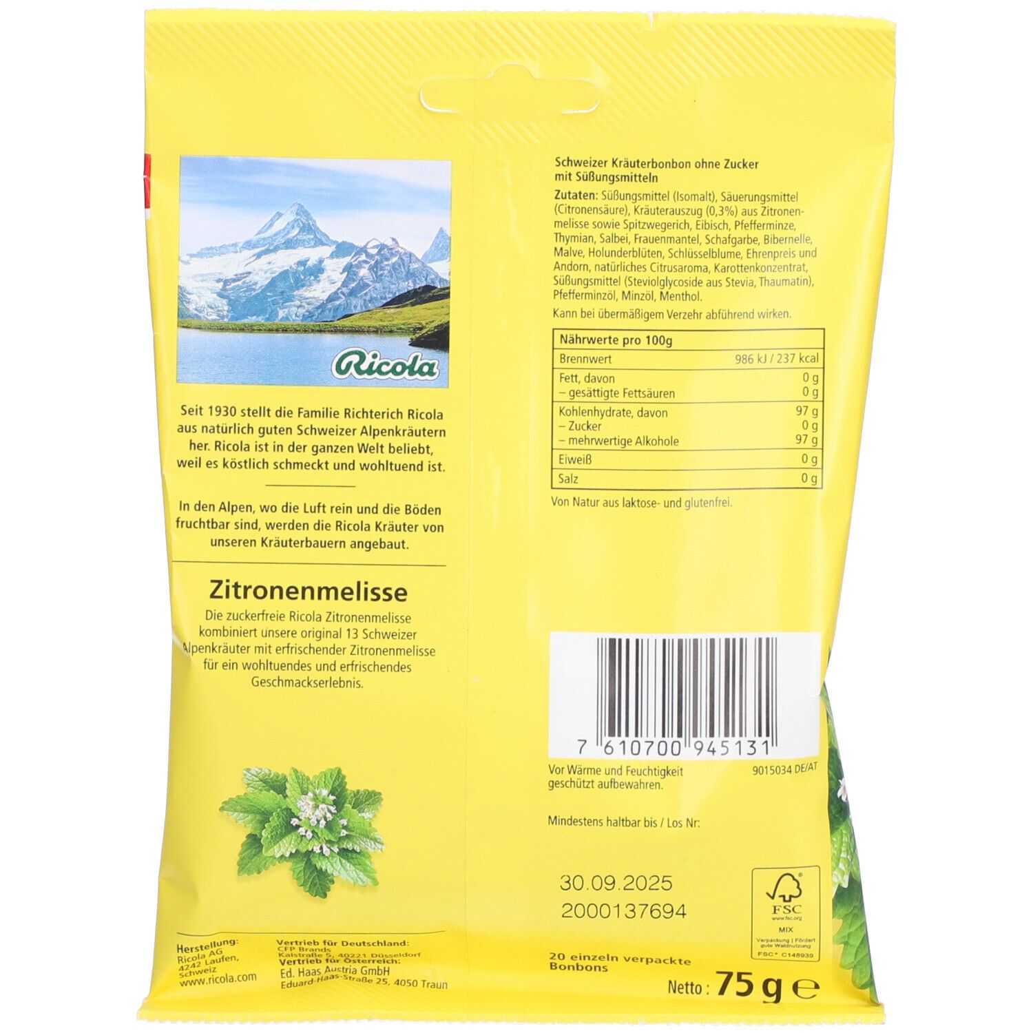Ricola® Schweizer Kräuterbonbons Zitronenmelisse ohne Zucker