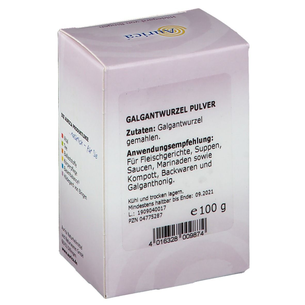 Aurica Galgantwurzelpulver, Verpackung. Text: Galgantwurzel Pulver, Hildegard von Bingen, 100 g.
