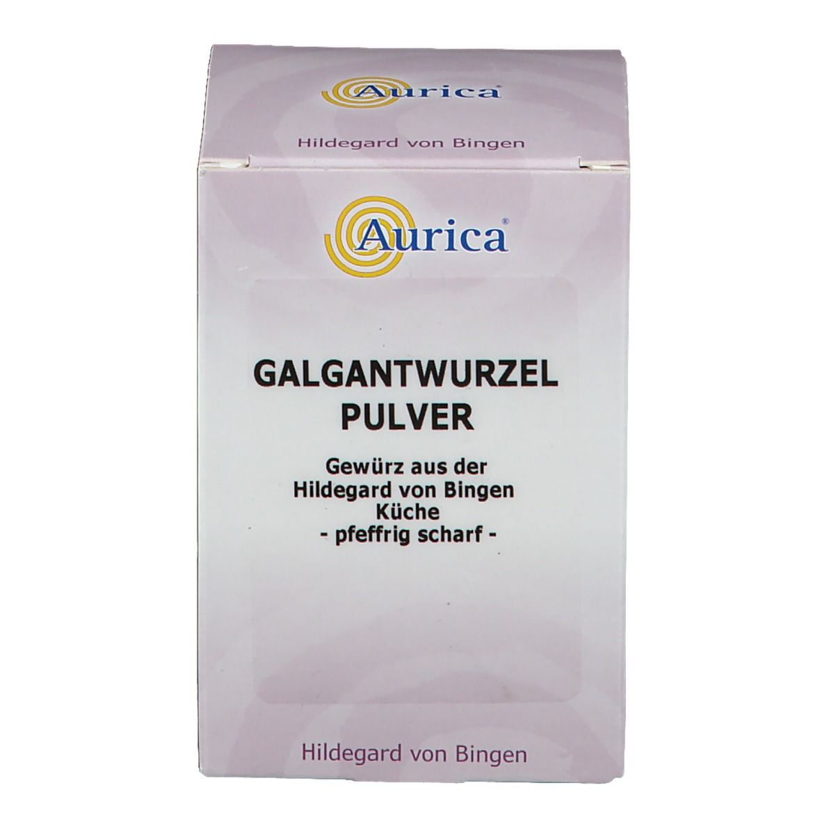 Aurica Galgantwurzelpulver, Verpackung. Text: Galgantwurzel Pulver, Hildegard von Bingen.