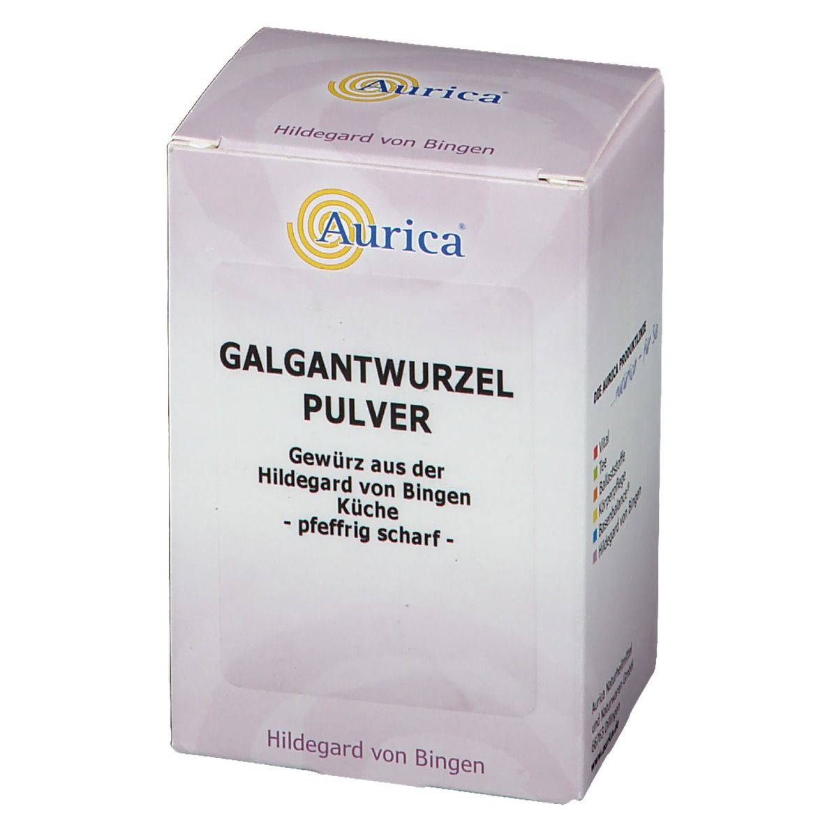 Aurica Galgantwurzelpulver, Verpackung. Text: Galgantwurzel Pulver, Hildegard von Bingen.