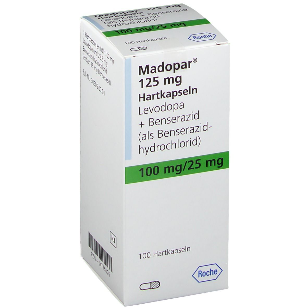 Schachtel mit Madopar 125 mg Hartkapseln. Enthält Levadopa und Benserazid. 100 mg/25 mg. Roche Logo.
