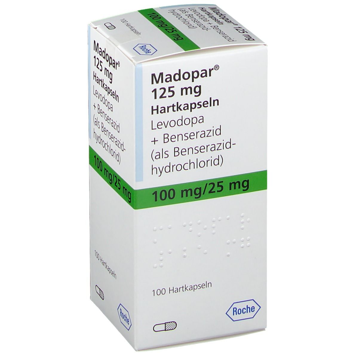Schachtel Madopar 125 mg Hartkapseln. Enthält Levadopa und Benserazid. 100 mg/25 mg. 100 Hartkapseln. Roche Logo.