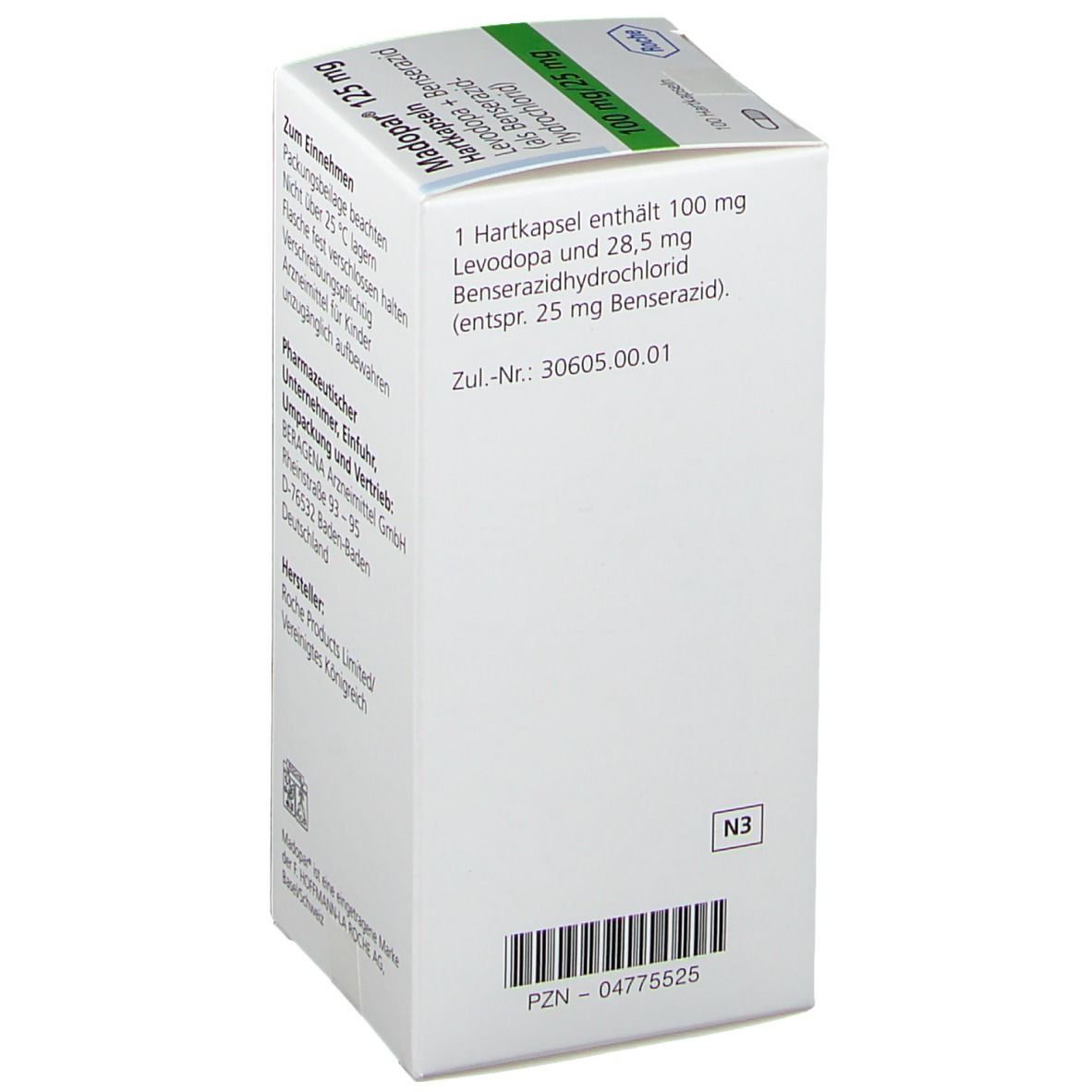 Rückseite der Madopar 125 mg Hartkapseln Schachtel. Enthält Informationen zur Dosierung und Hersteller.